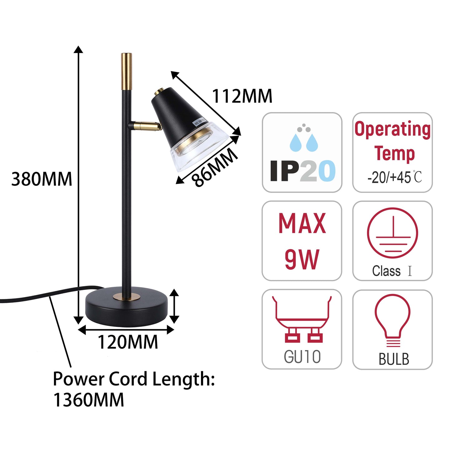 Modern Black & Brass Table Lamp, 1-Light GU10 Dimmable