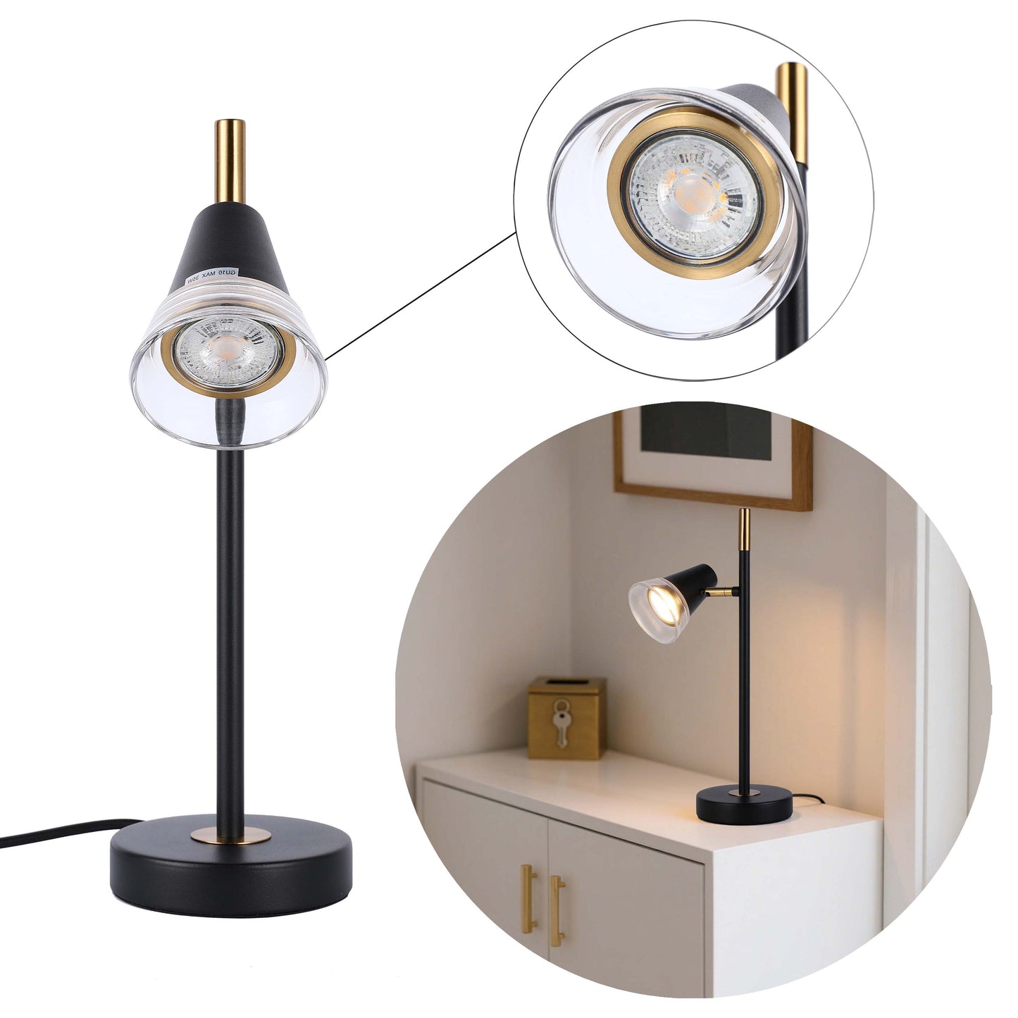 Modern Black & Brass Table Lamp, 1-Light GU10 Dimmable