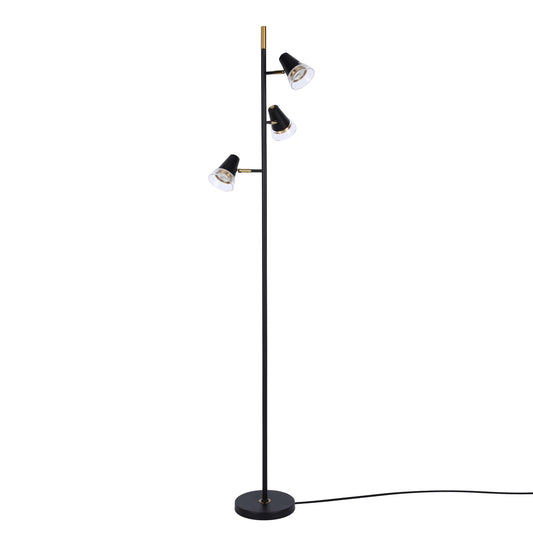 Modern 3-Light Black & Brass Floor Lamp with Clear Glass Shades, GU10