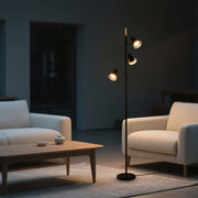 Modern 3-Light Black & Brass Floor Lamp with Clear Glass Shades, GU10