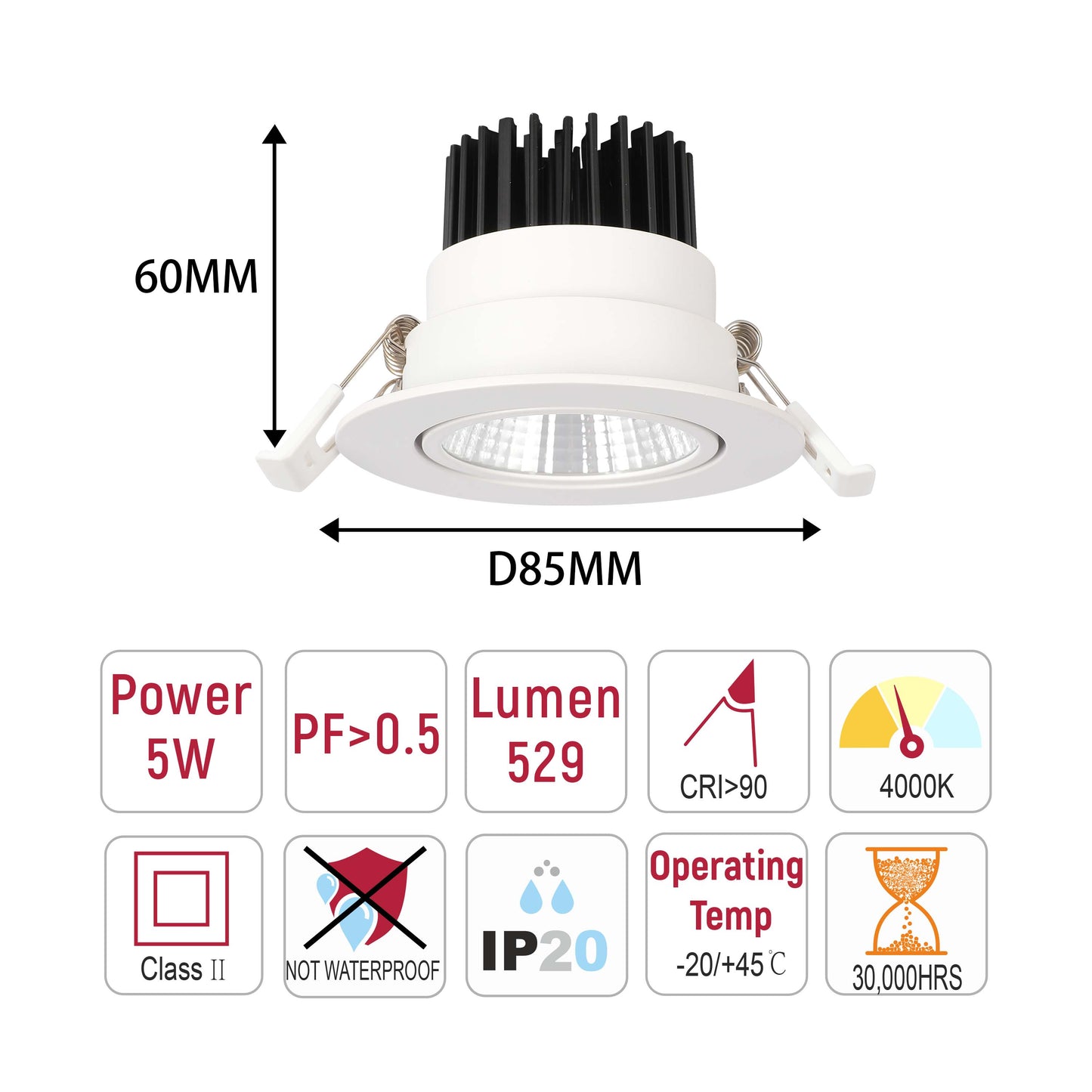 Modern White COB LED Recessed Downlight, 5W 4000K