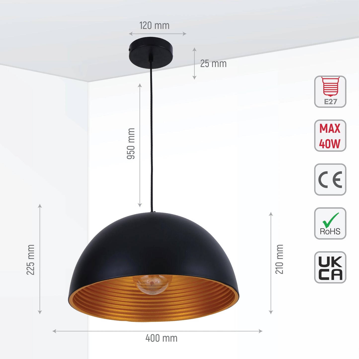 Black-Golden Metal Dome Pendant Ceiling Light E27