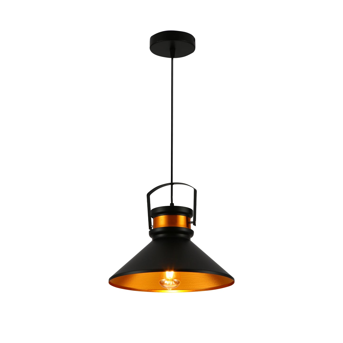 Loft Cafe Bar Counter Exhibition Hall Pub Aisle Black Gold Funnel Handled Metal Pendant Ceiling Light