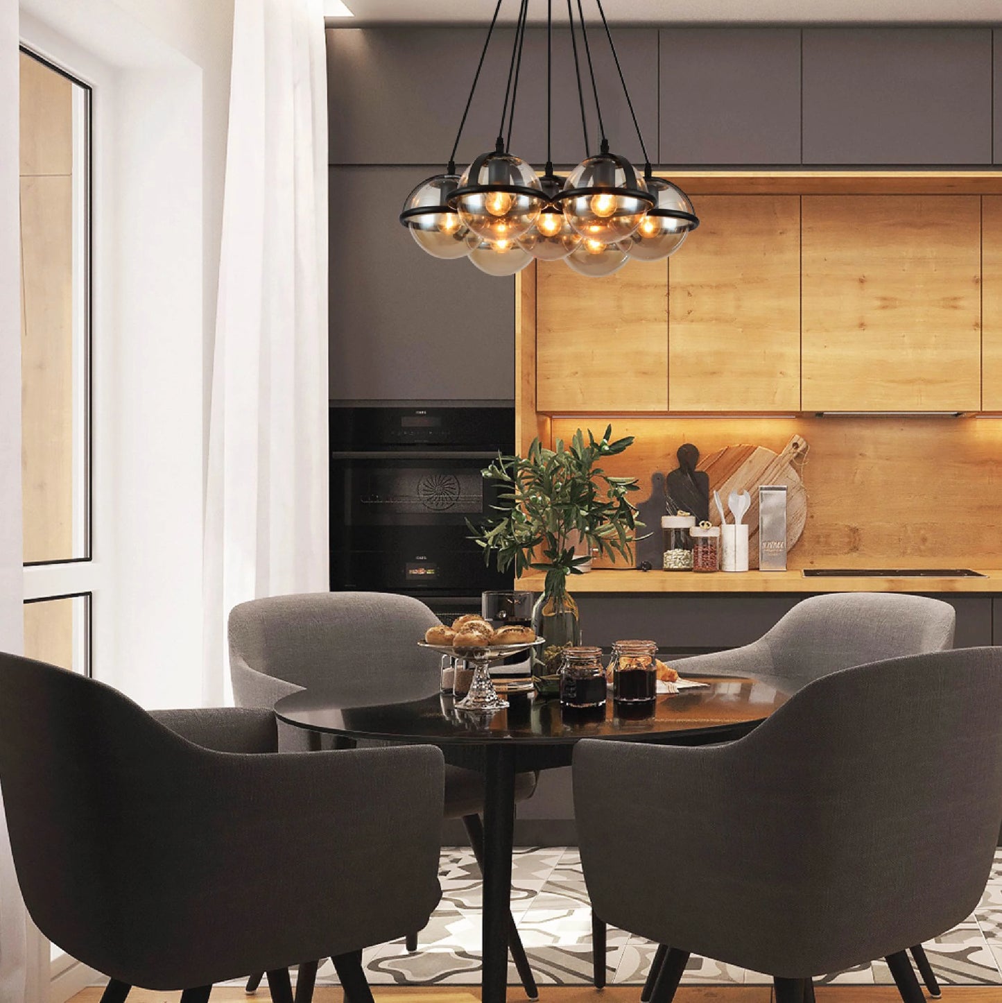 Amber Globe Glasses Daisy Modern Ceiling Light 7xE27 Fittings