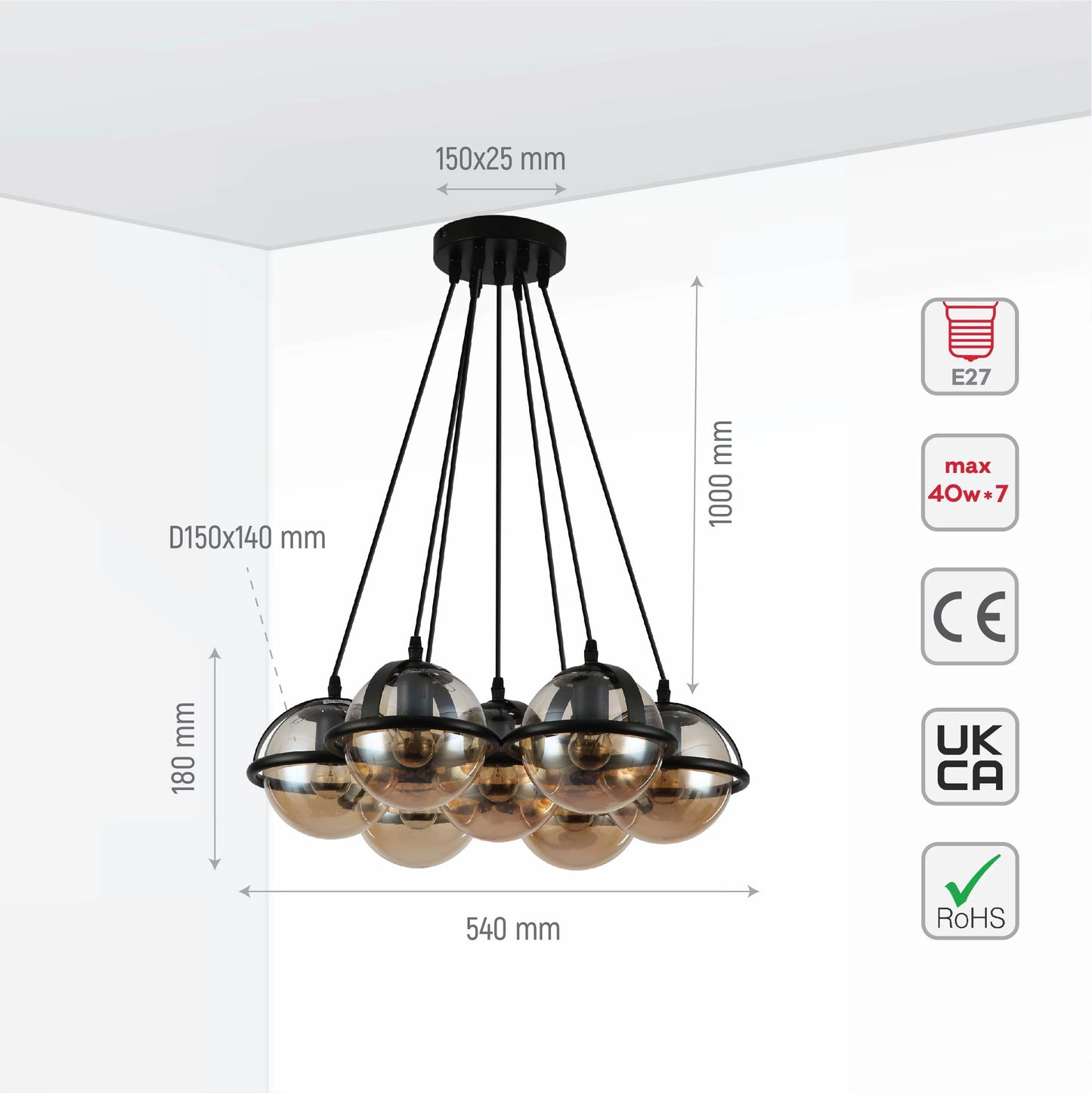 Amber Globe Glasses Daisy Modern Ceiling Light 7xE27 Fittings