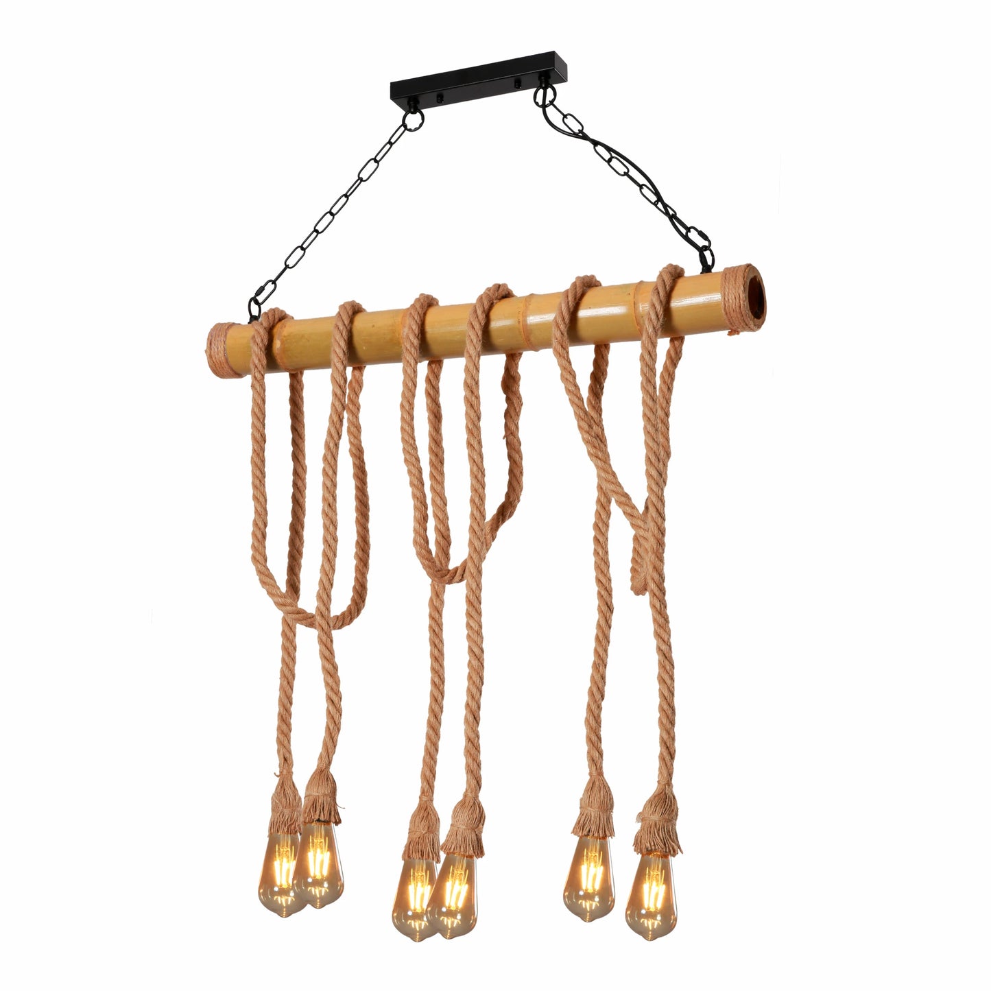 Farmhouse Rustic Bamboo and Hemp Rope Rod Ceiling Chandelier Light 6xE27