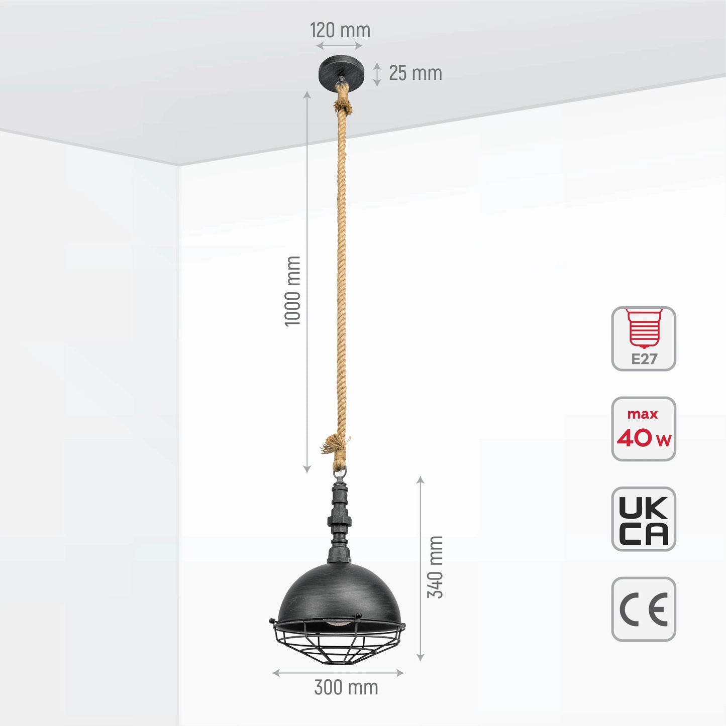 Hemp Rope Silvery Grey Metal Industrial Vintage Pendant Ceiling Light