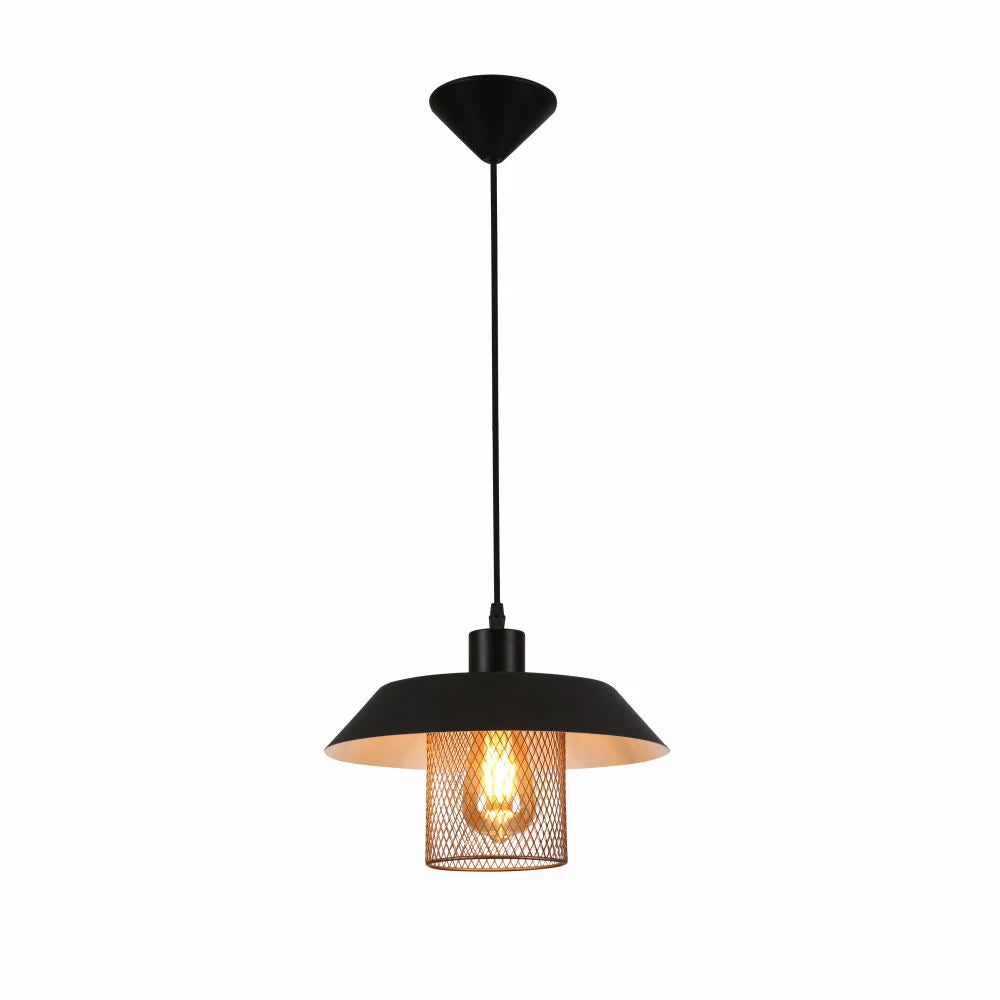 Matte Gold Caged Shade with Black Flat Top Pendat Ceiling Light E27 Fitting