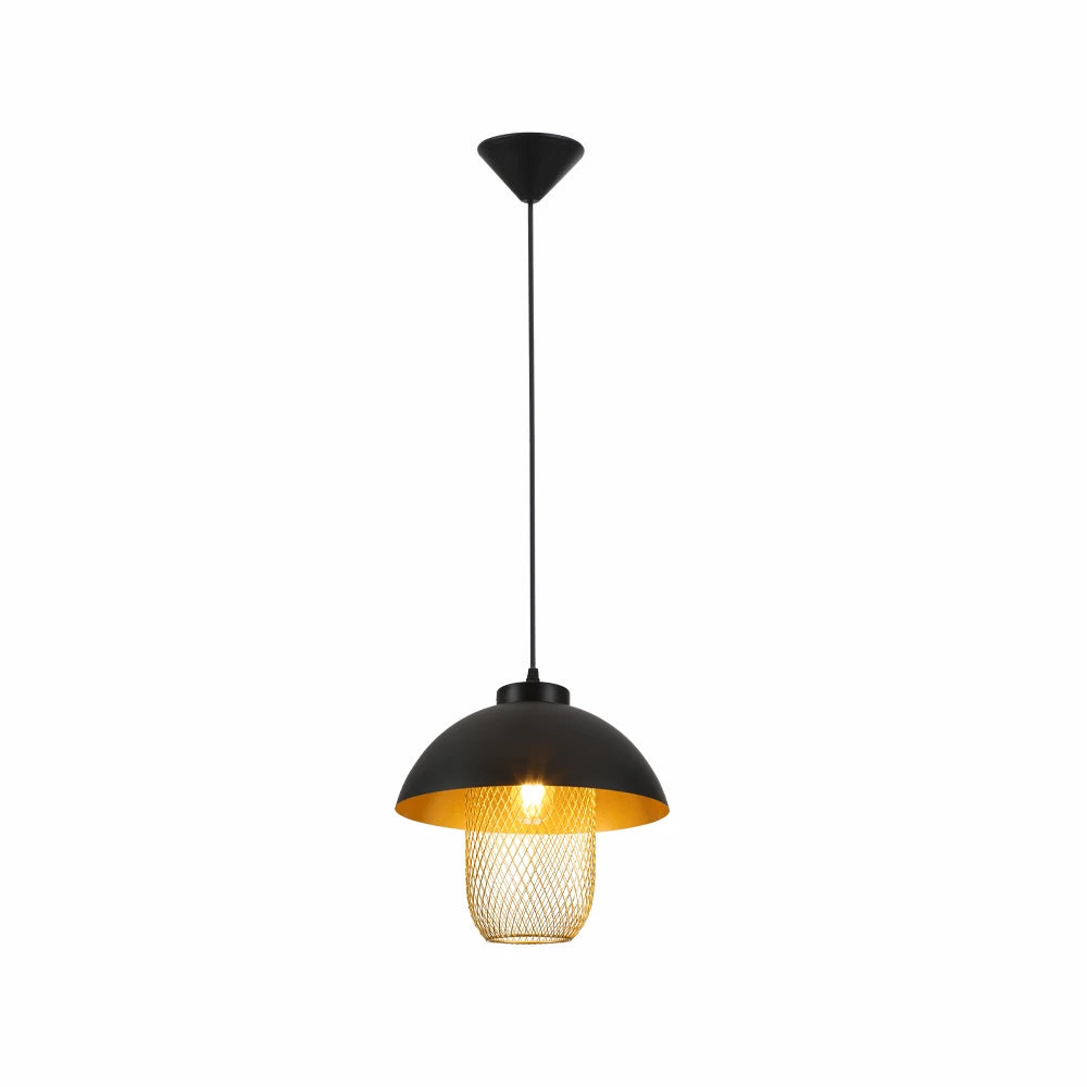 Matte Gold Caged Shade with Black Dome Top Pendat Ceiling Light E27 Fitting