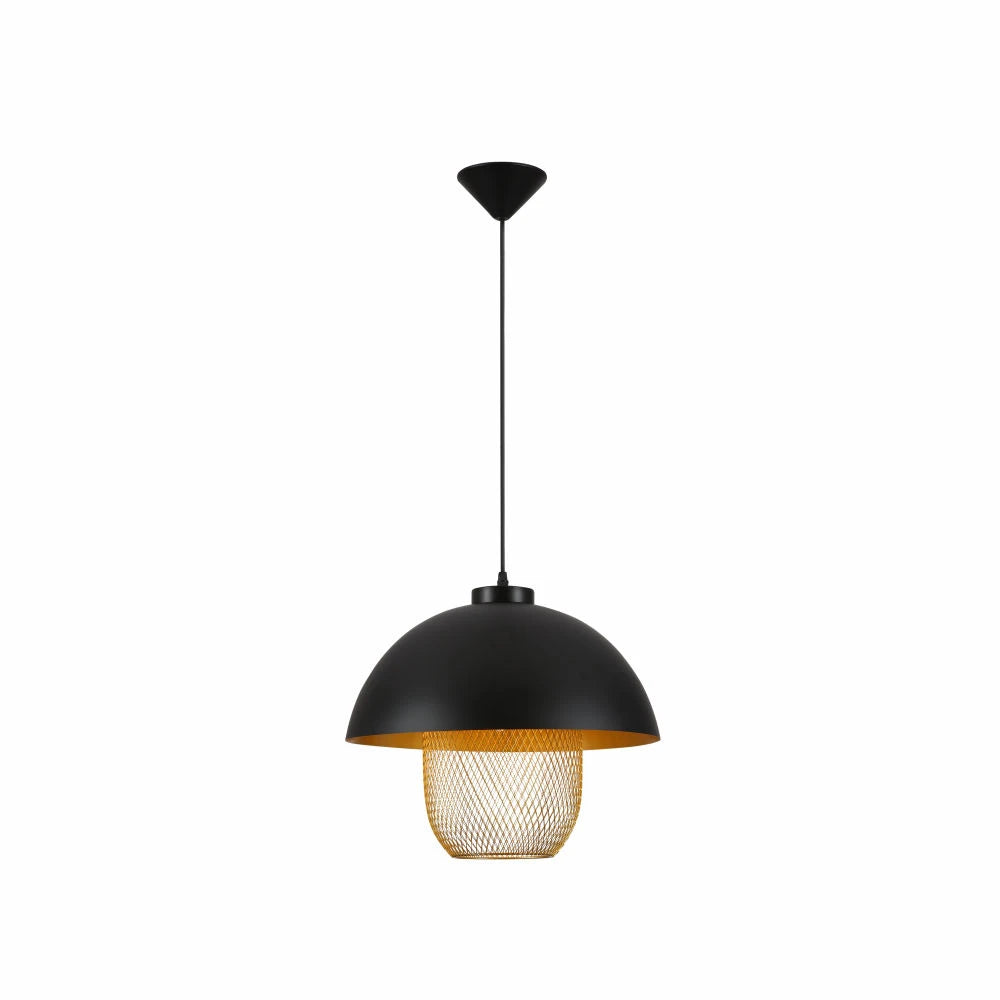 Matte Gold Caged Shade with Black Dome Top Pendat Ceiling Light E27 Fitting