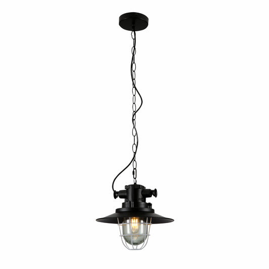 Black Nautical Industrial Caged Flat Shade Glass Metal Ceiling Pendant Light E27 Fitting