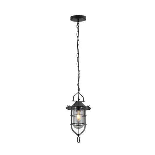 Black Nautical Industrial Caged Flat Shade Small Glass Metal Ceiling Pendant Light E27 Fitting