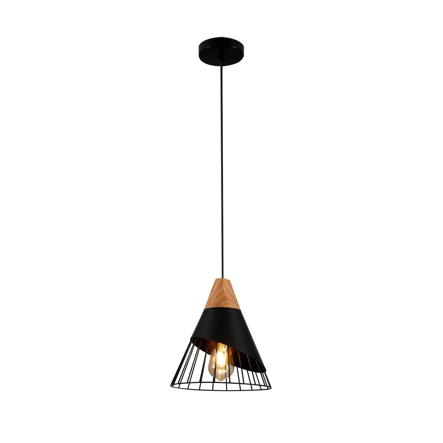 Black Wood Funnel Cone Caged Shuttlecock Nordic Metal Ceiling Pendant Light E27 Fitting