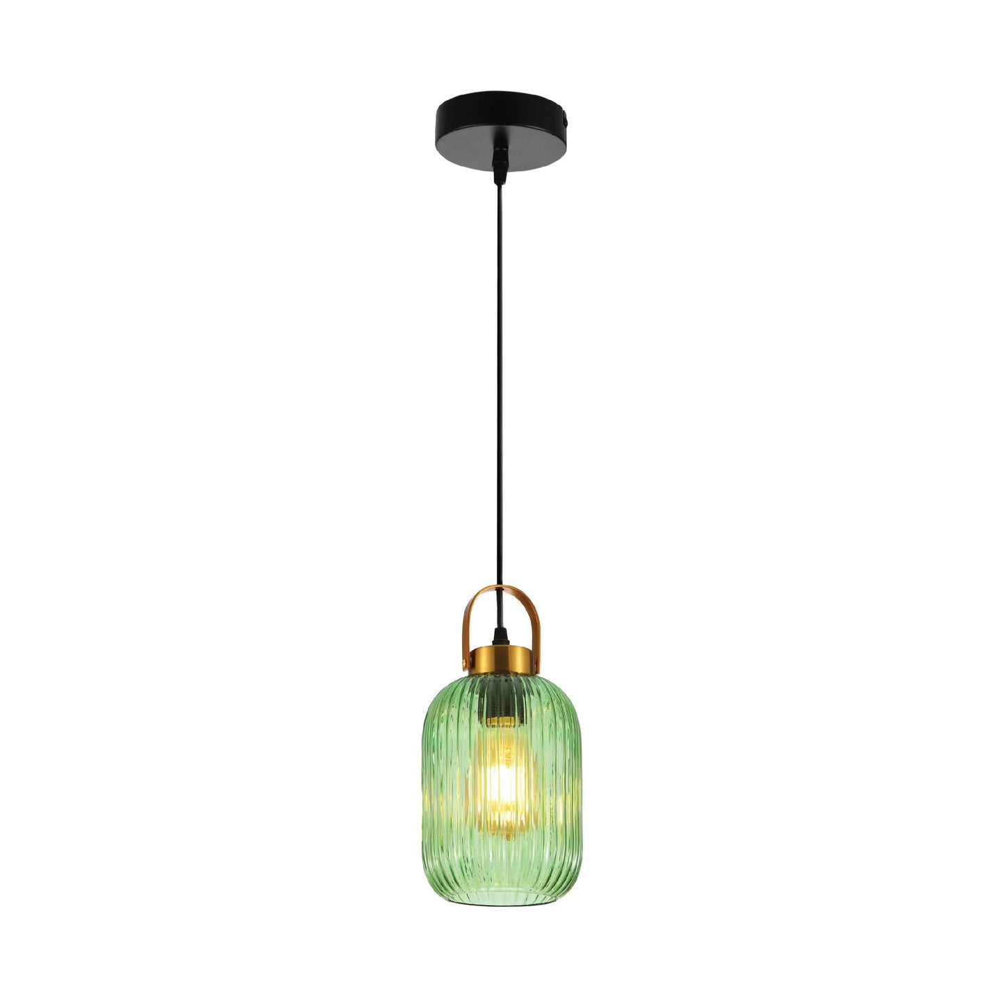 Sawyer Ribbed Fluted Reeded Maloto Lantern Green Glass Pendant Ceiling Light E27 Gold Handled