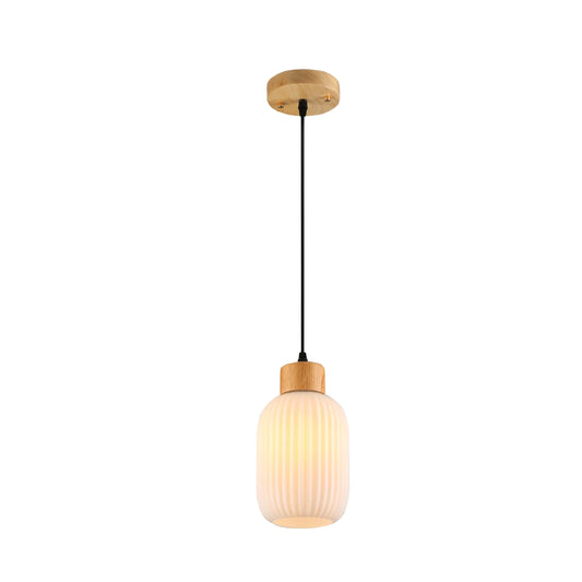 Sawyer Ribbed Fluted Reeded Maloto Lantern Opal Glass Pendant Ceiling Light E27 Wood Top