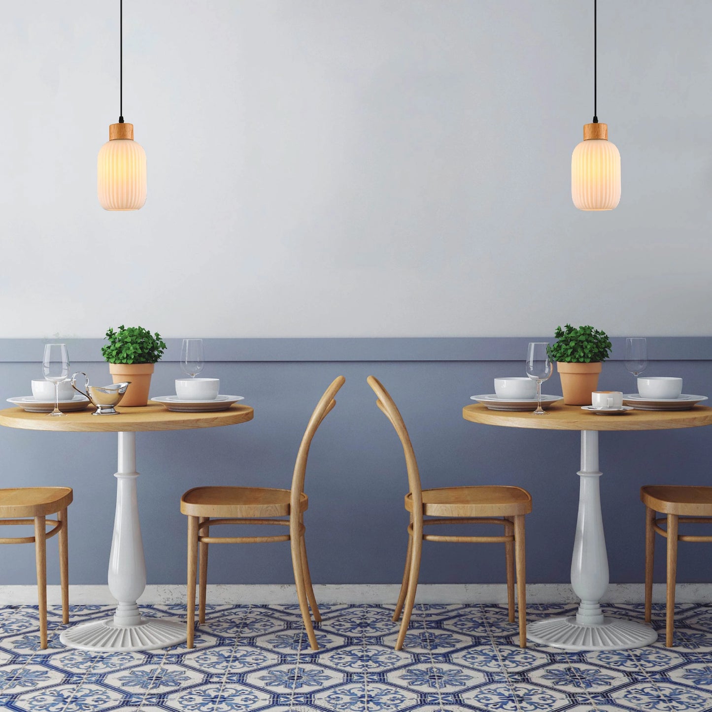 Sawyer Ribbed Fluted Reeded Maloto Lantern Opal Glass Pendant Ceiling Light E27 Wood Top