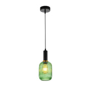 Sawyer Ribbed Fluted Reeded Maloto Lantern Green Glass Pendant Ceiling Light E27 Black Metal Top