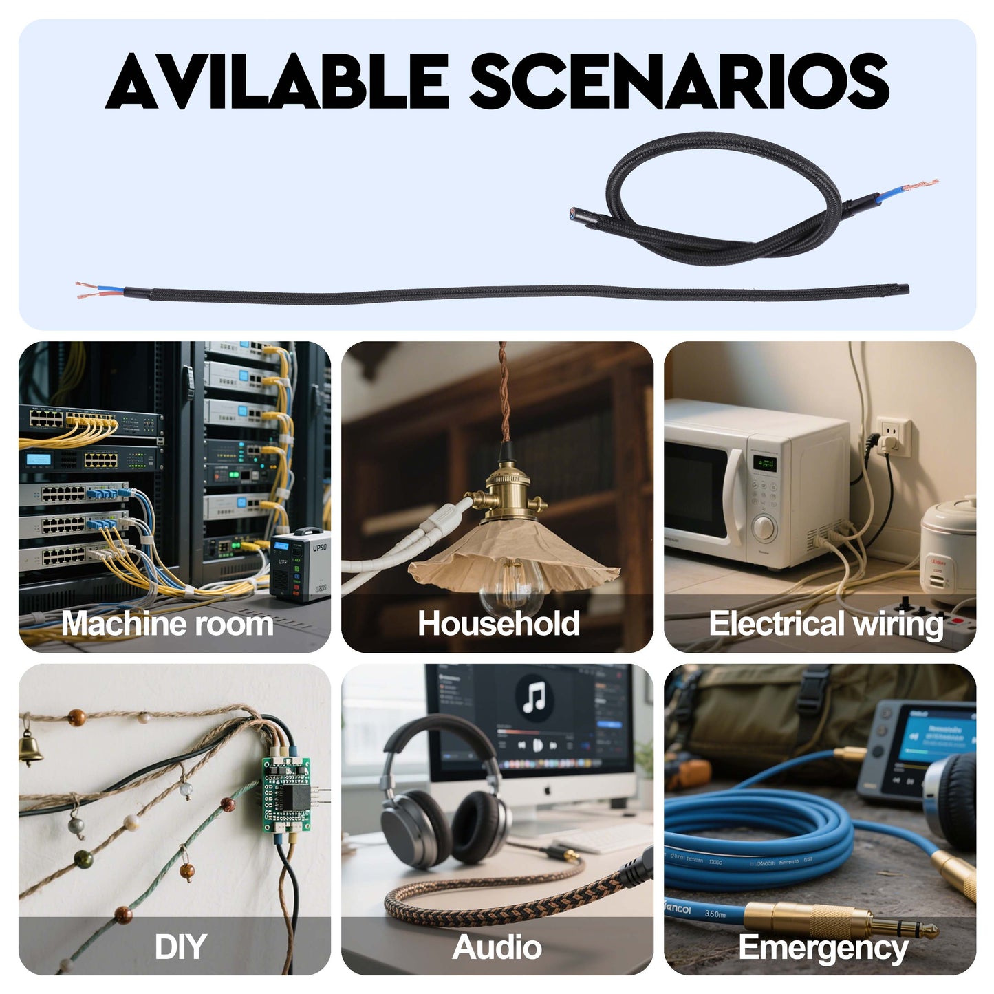 Black Braided Fabric Lighting Cable 2×0.75