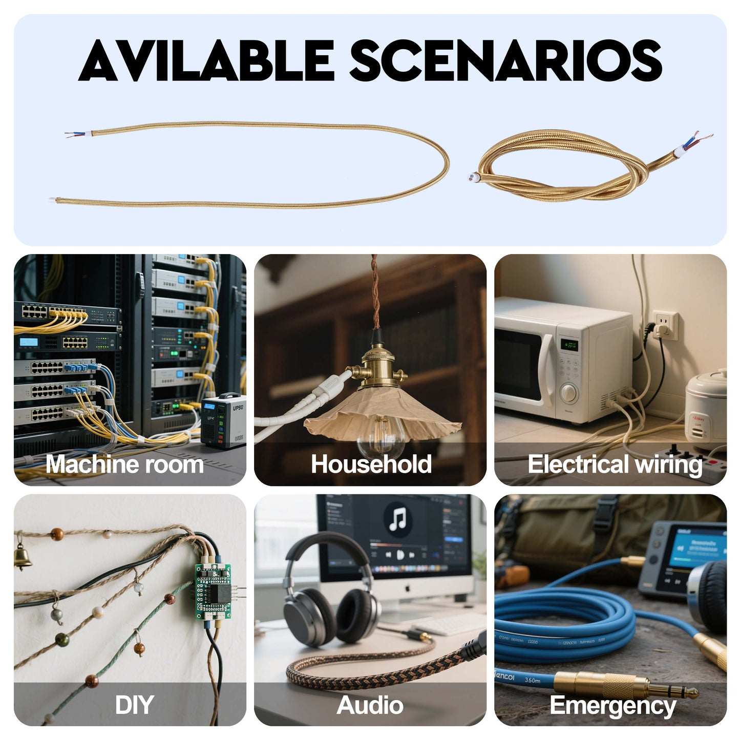 Gold Braided Fabric Lighting Cable 2×0.75