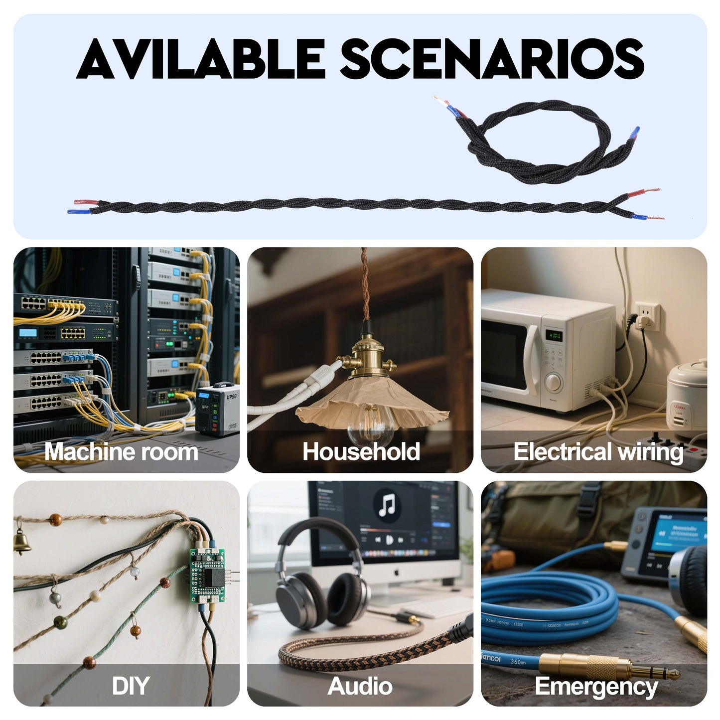 Black Twisted Braided Fabric Lighting Cable