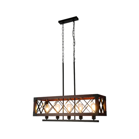 Rustic Rectangular Cage Chandelier - Wood Accent 5-Light