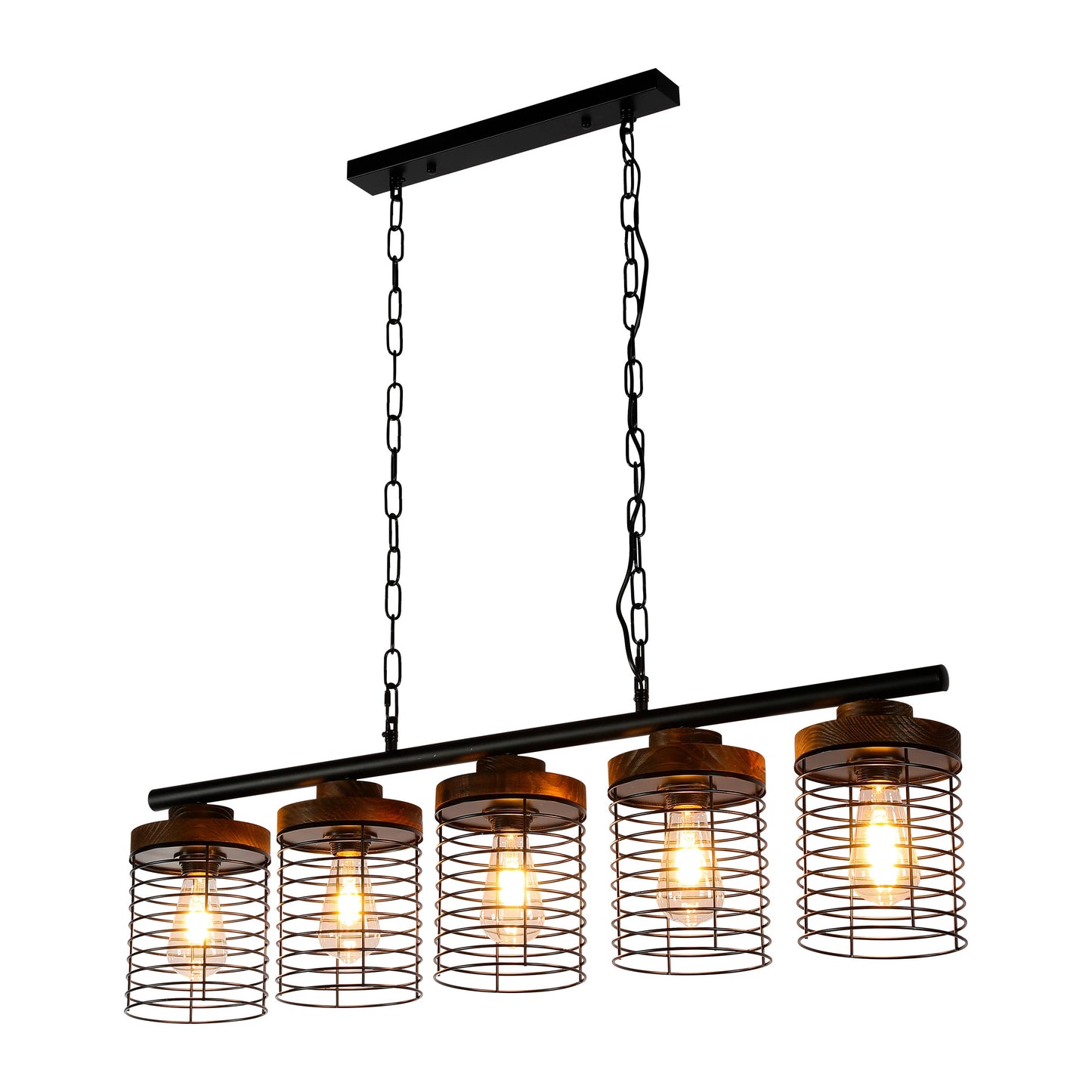 Industrial Cage Pendant Light - Rectangular 5-Shade Linear Chandelier with Wood Accents