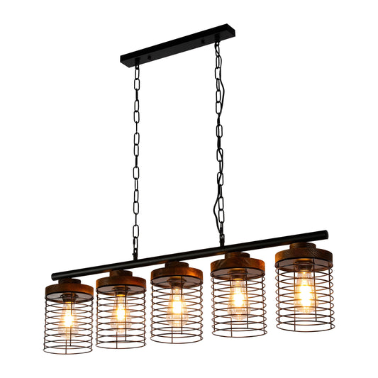 Industrial Cage Pendant Light - Rectangular 5-Shade Linear Chandelier with Wood Accents