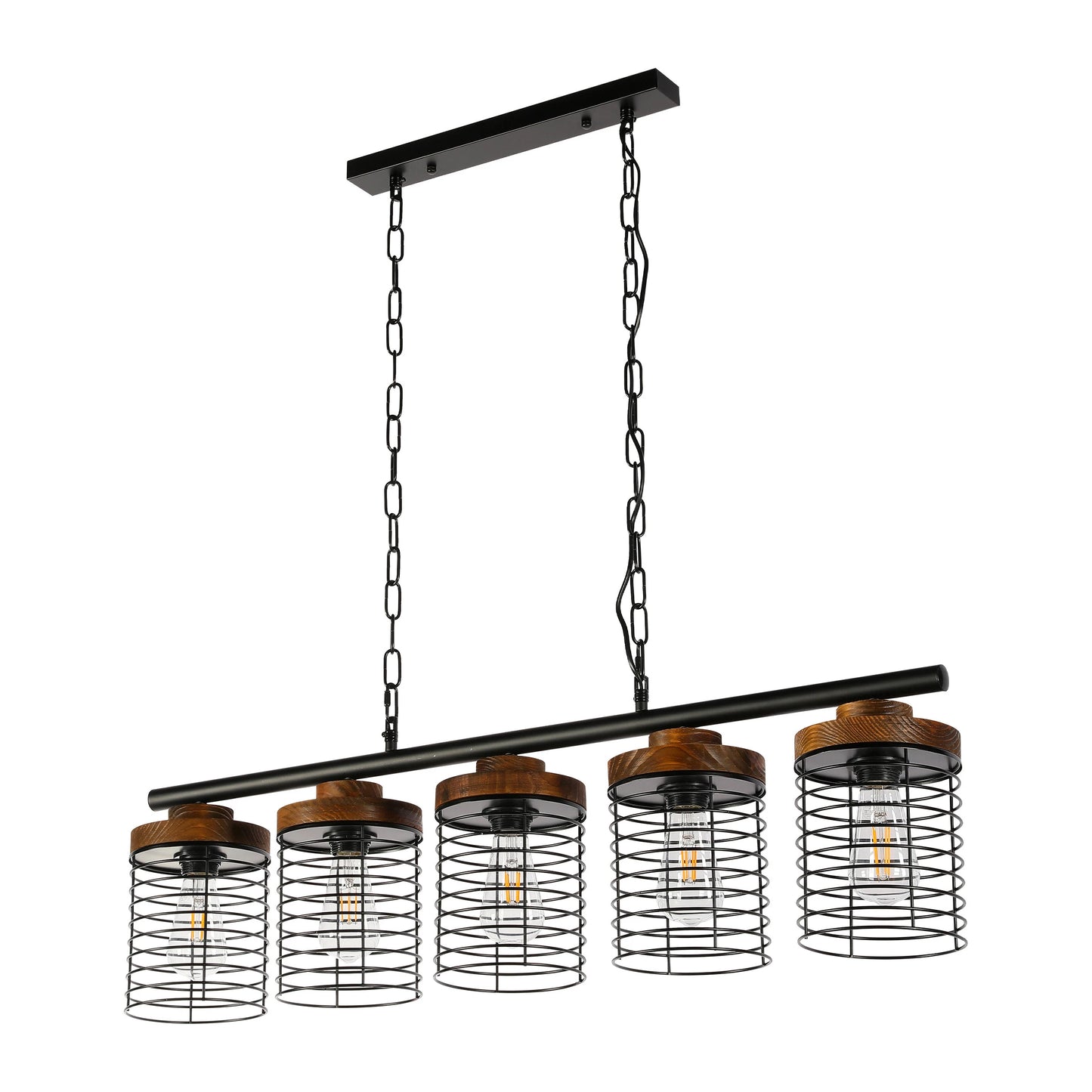 Industrial Cage Pendant Light - Rectangular 5-Shade Linear Chandelier with Wood Accents