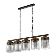 Industrial Cage Pendant Light - Rectangular 5-Shade Linear Chandelier with Wood Accents