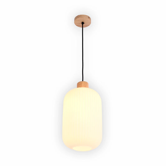 White Ribbed Glass Pendant Light with Wooden Accents