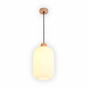 White Ribbed Glass Pendant Light with Wooden Accents