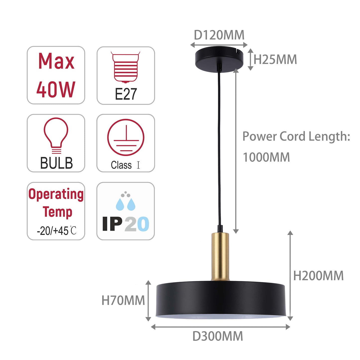Modern Black Brass Ceiling Pendant Light, Adjustable Drop, E27