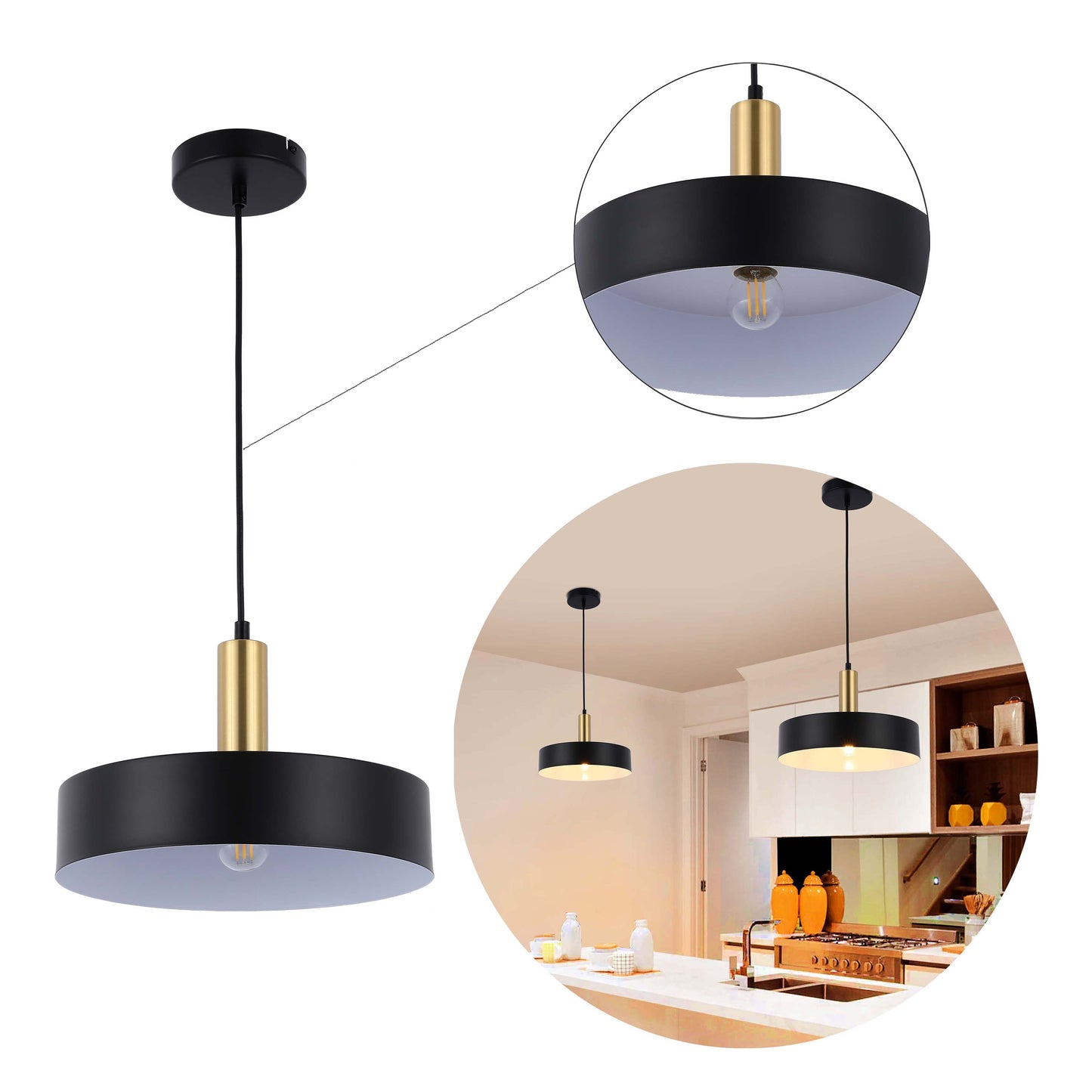 Modern Black Brass Ceiling Pendant Light, Adjustable Drop, E27