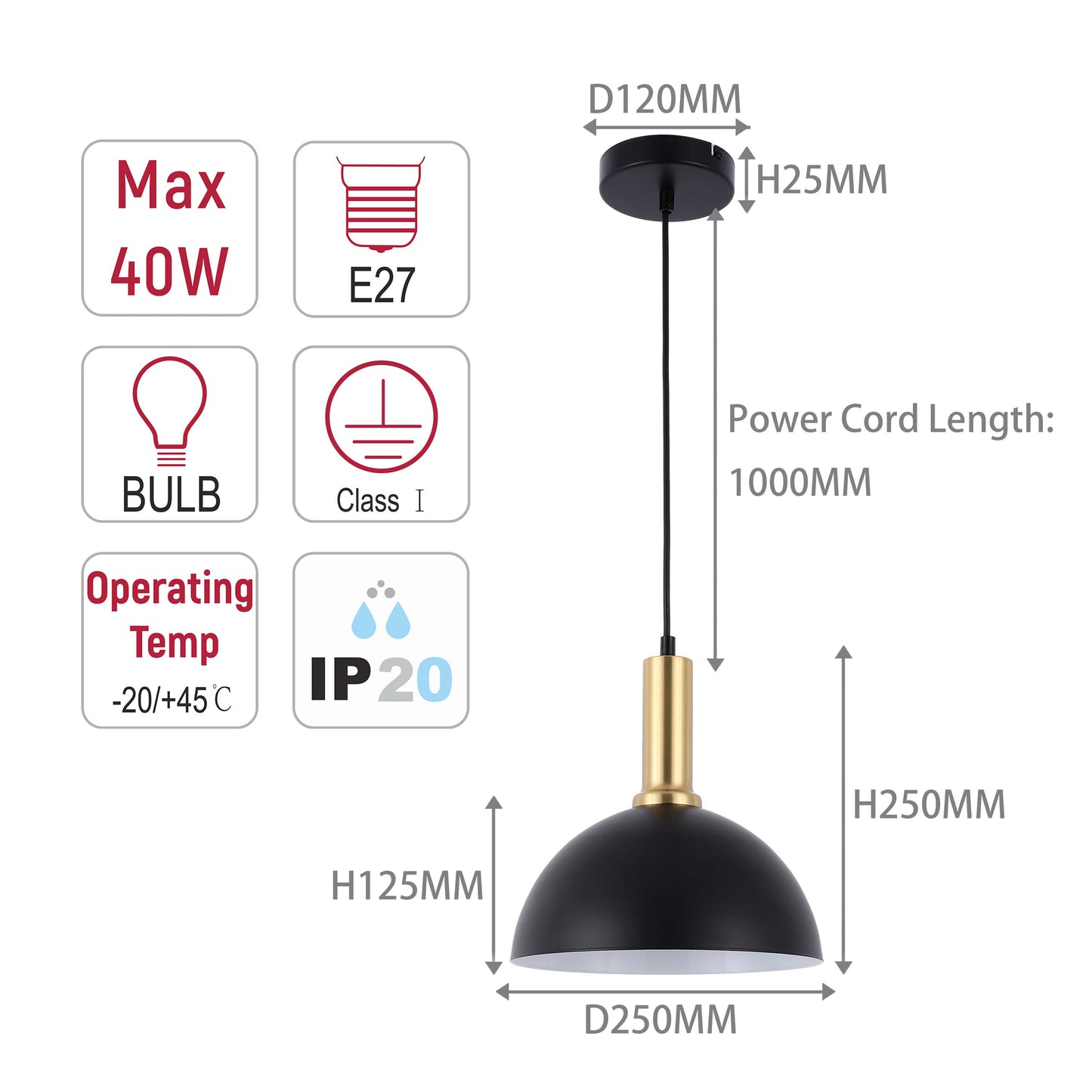 Modern Black Brass Ceiling Pendant Light, Adjustable Drop, E27
