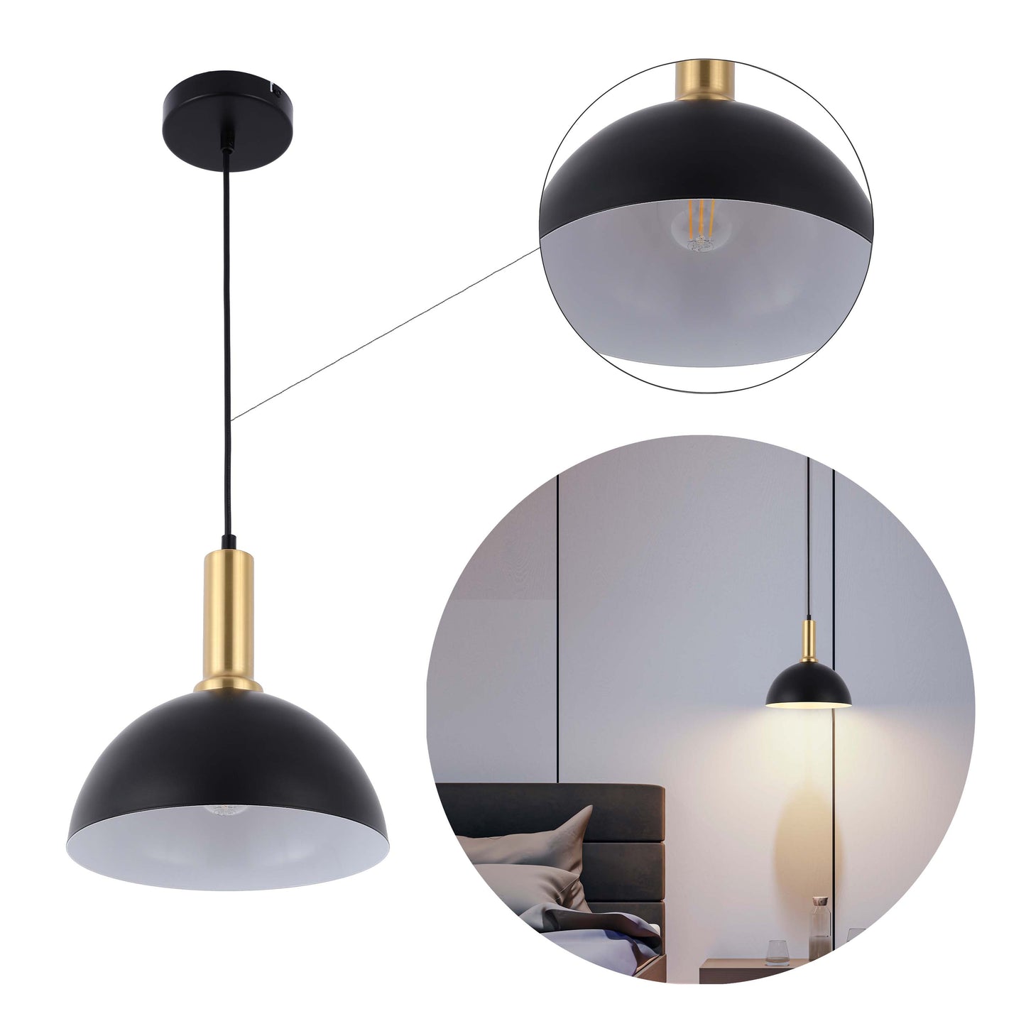 Modern Black Brass Ceiling Pendant Light, Adjustable Drop, E27