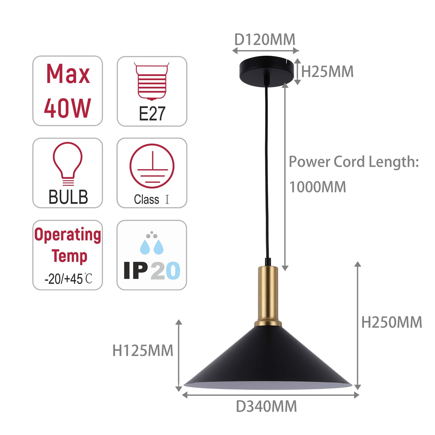 Modern Black Brass Ceiling Pendant Light, Adjustable Drop, E27