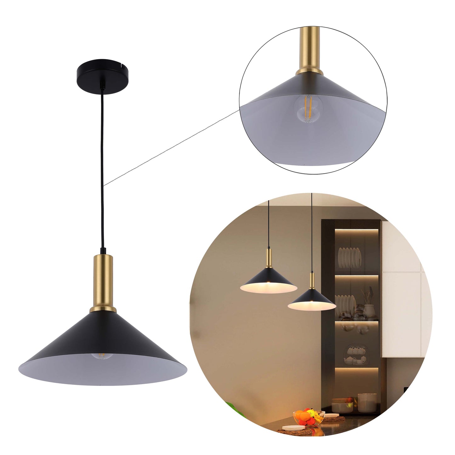 Modern Black Brass Ceiling Pendant Light, Adjustable Drop, E27