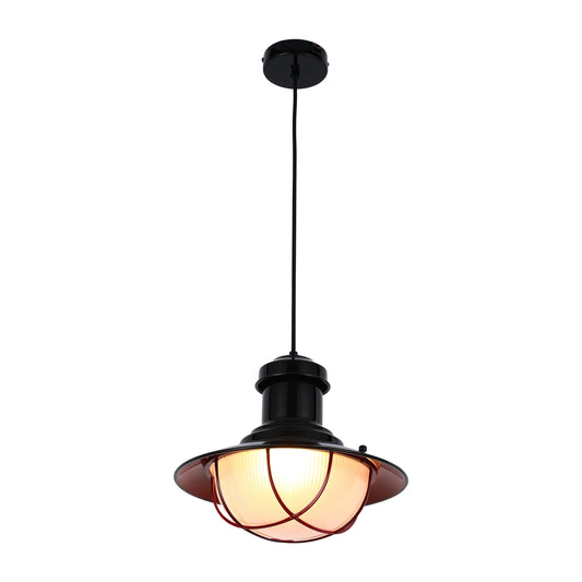 Industrial Cage Pendant Lights - Antique Brass and Black with Red Detailing