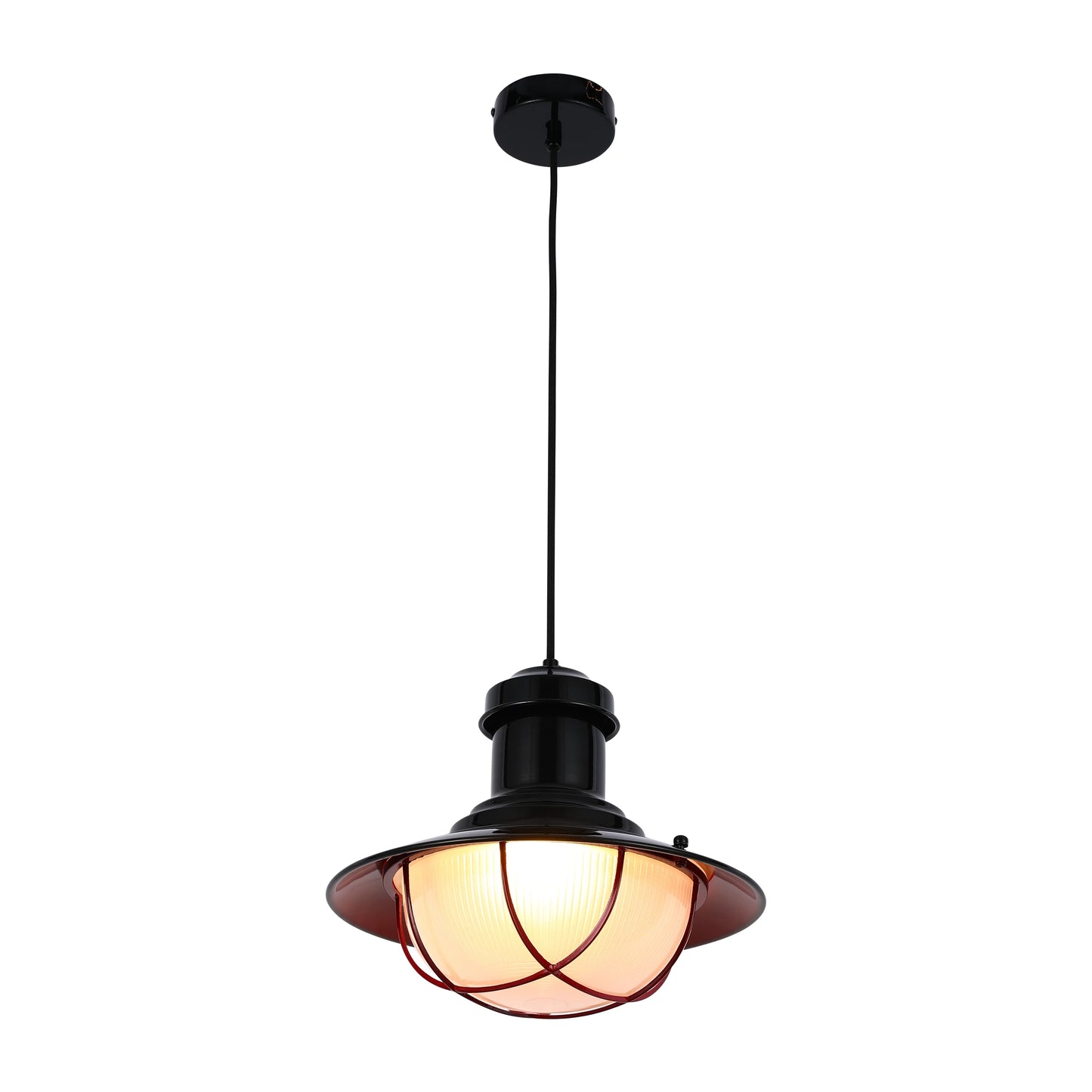 Industrial Cage Pendant Lights - Antique Brass and Black with Red Detailing