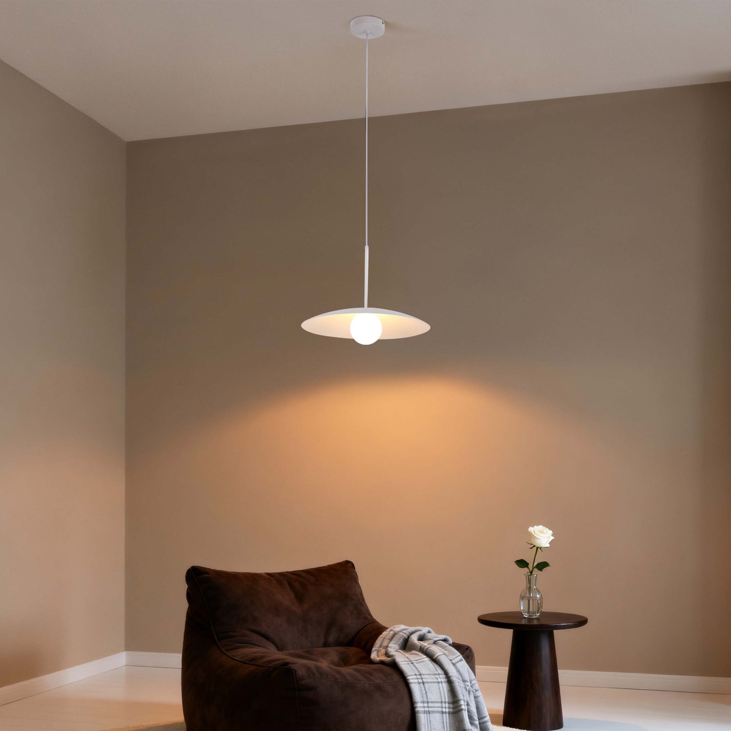 Minimalist White Flat Plate Pendant Light with Opal Globe Glass, G9