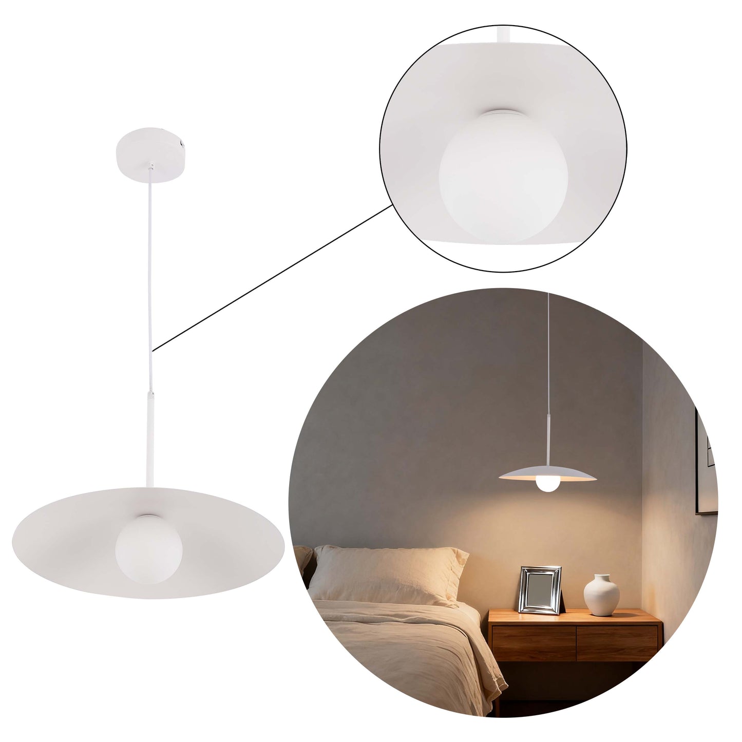 Minimalist White Flat Plate Pendant Light with Opal Globe Glass, G9