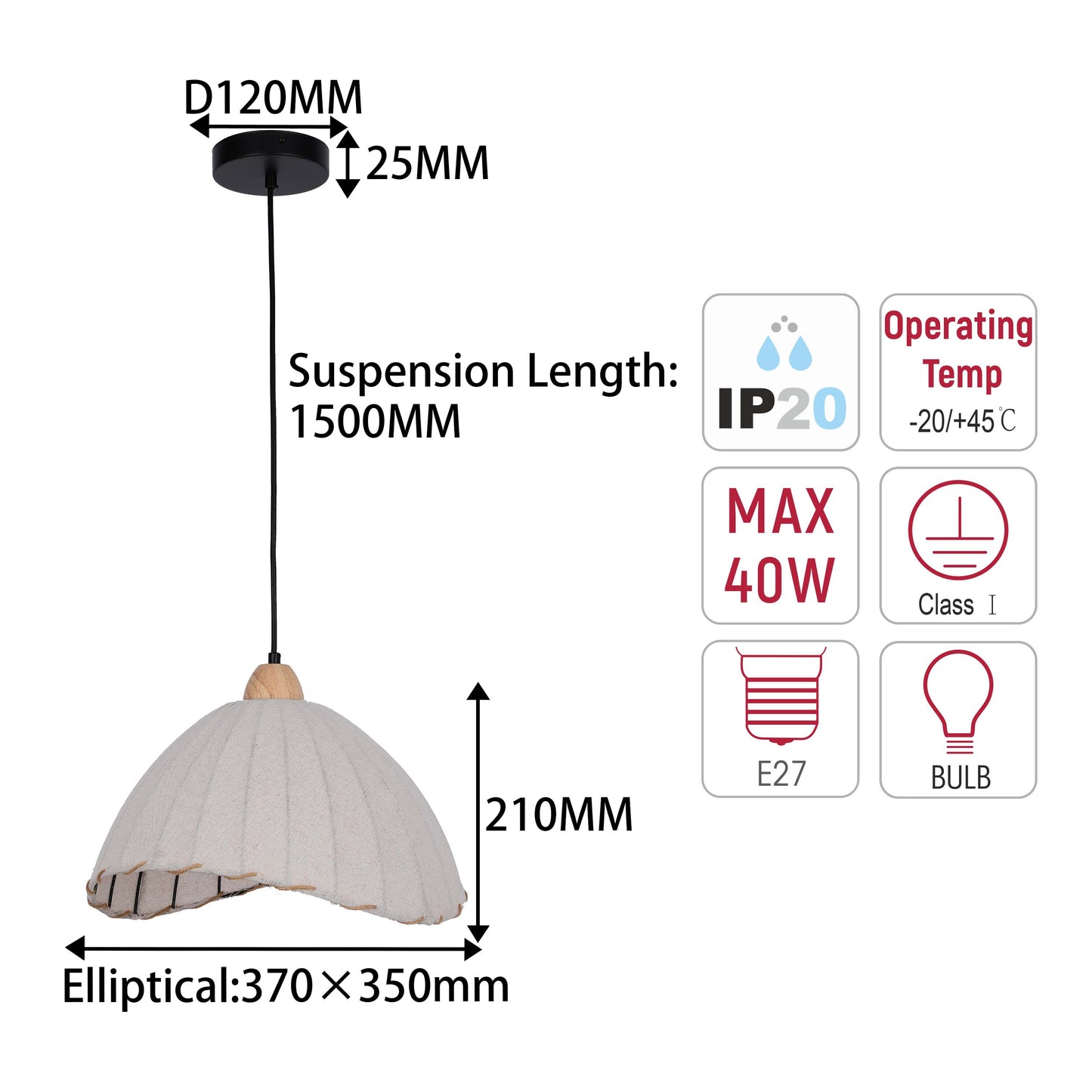 Boho Asymmetric Beige Linen Shade Pendant Light with Black Accents, E27