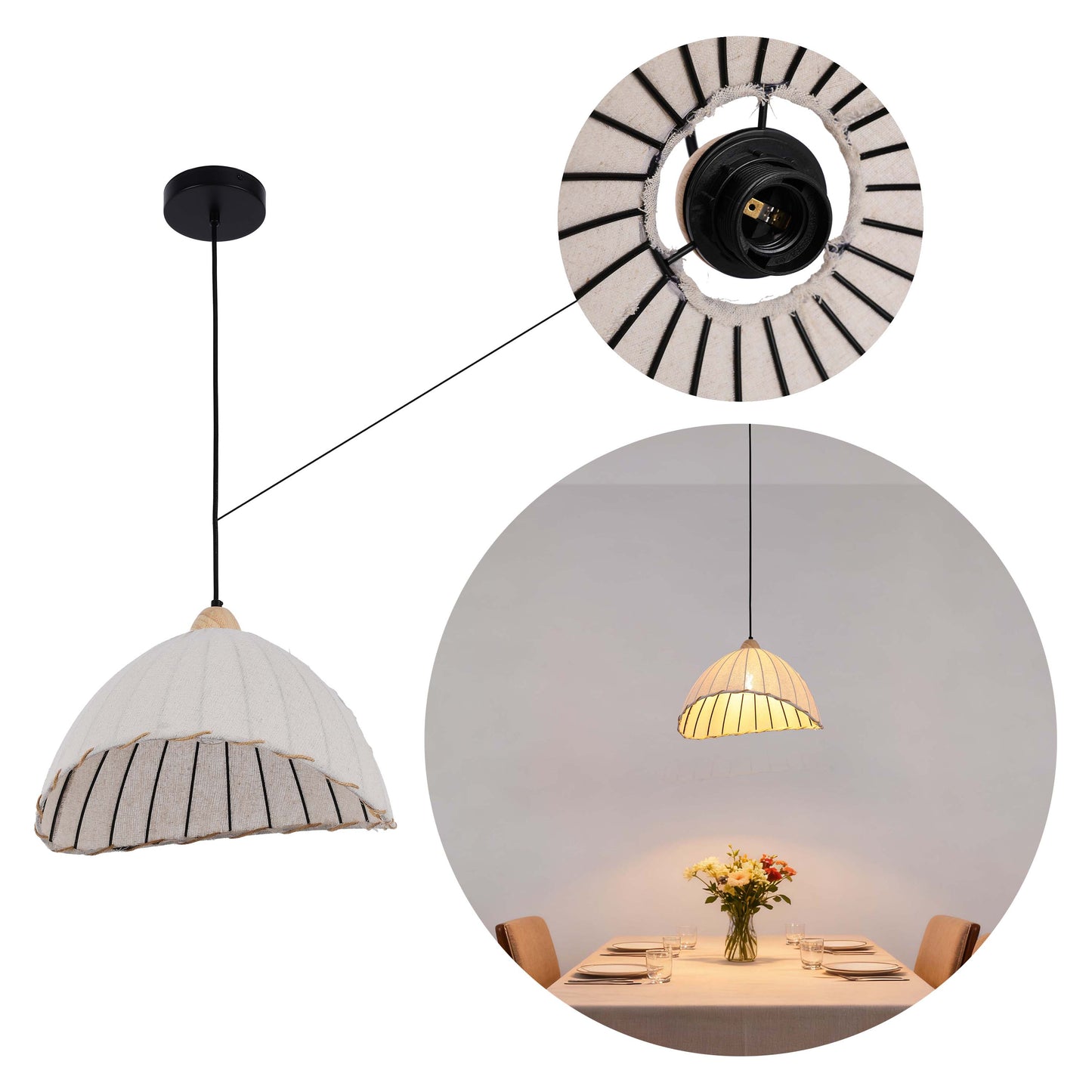 Boho Asymmetric Beige Linen Shade Pendant Light with Black Accents, E27