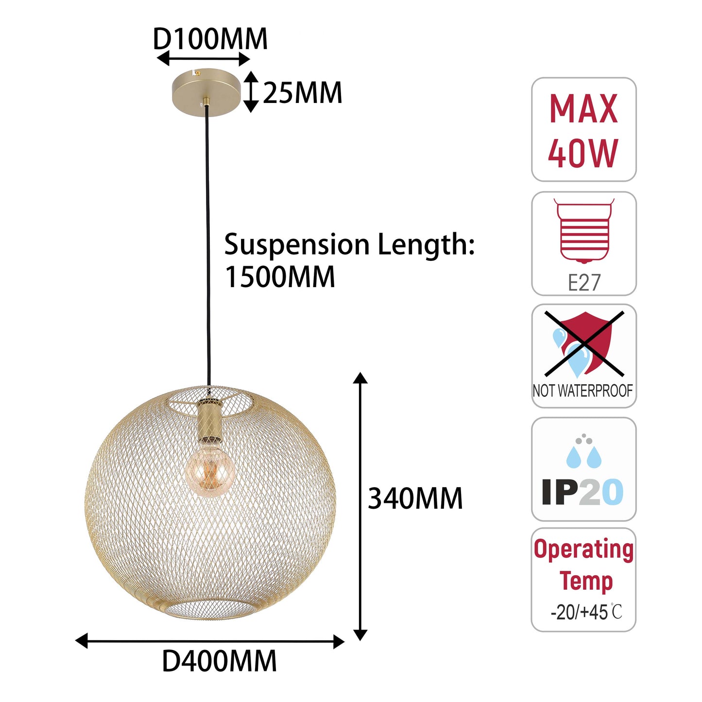 Modern Gold Wire Mesh Globe Pendant Light, E27 (40cm & 48cm Options)