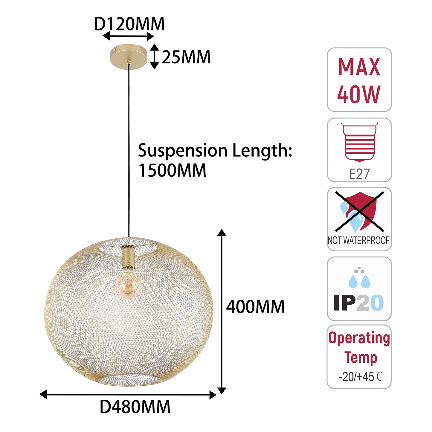 Modern Gold Wire Mesh Globe Pendant Light, E27 (40cm & 48cm Options)