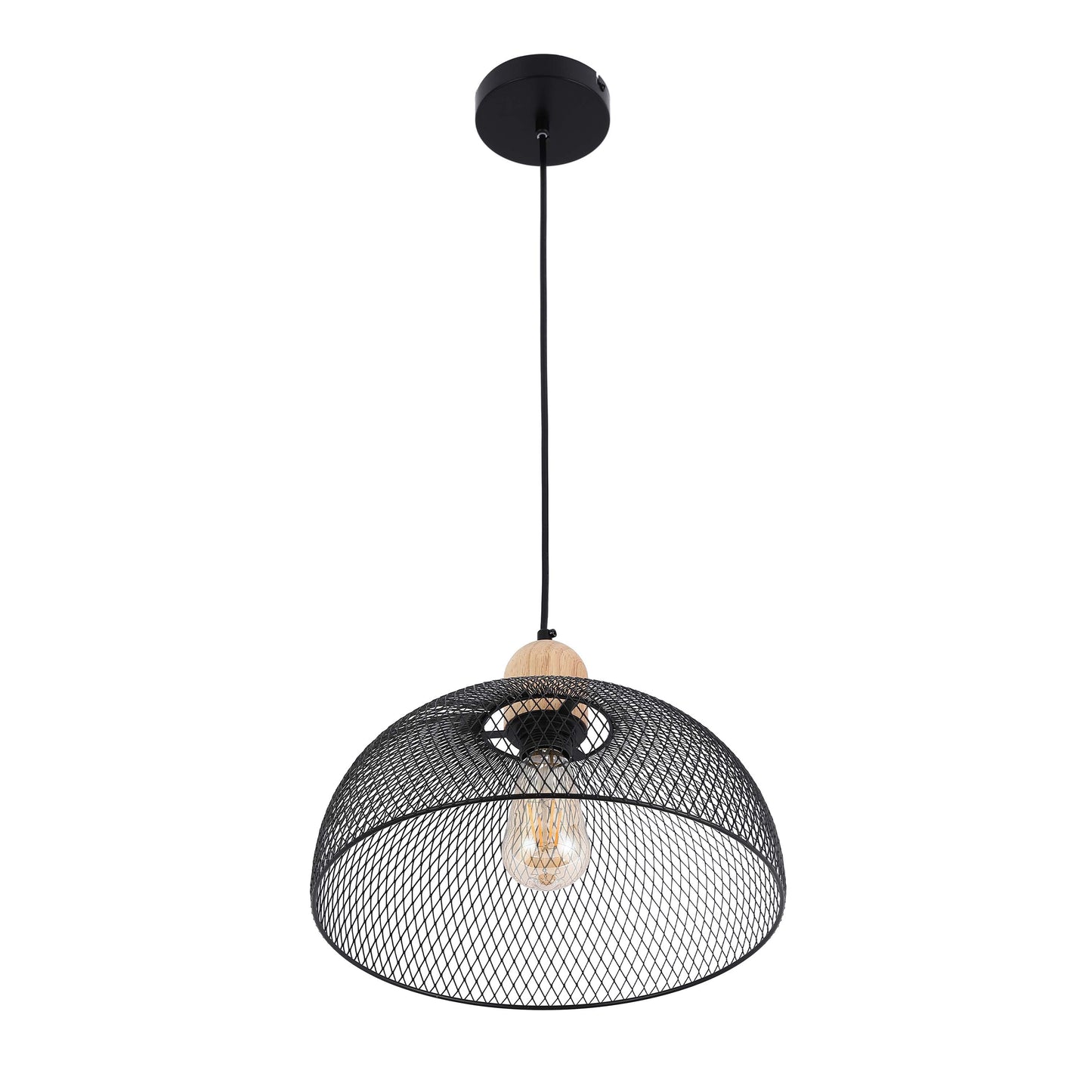 Industrial Black Wire Mesh Dome Pendant Light with Wood Accent, E27
