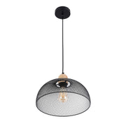 Industrial Black Wire Mesh Dome Pendant Light with Wood Accent, E27