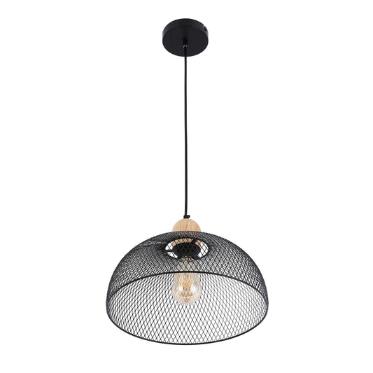 Industrial Black Wire Mesh Dome Pendant Light with Wood Accent, E27