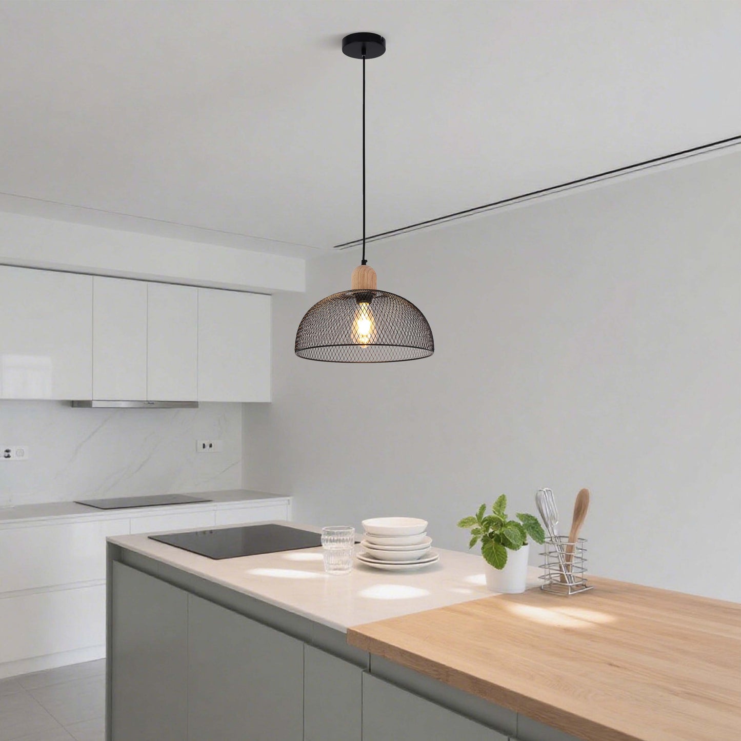 Industrial Black Wire Mesh Dome Pendant Light with Wood Accent, E27