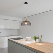 Industrial Black Wire Mesh Dome Pendant Light with Wood Accent, E27